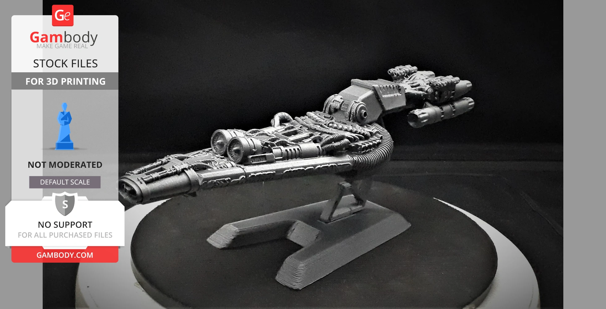 Futuristic sci-fi spaceship model on a stand, designed for 3D printing.