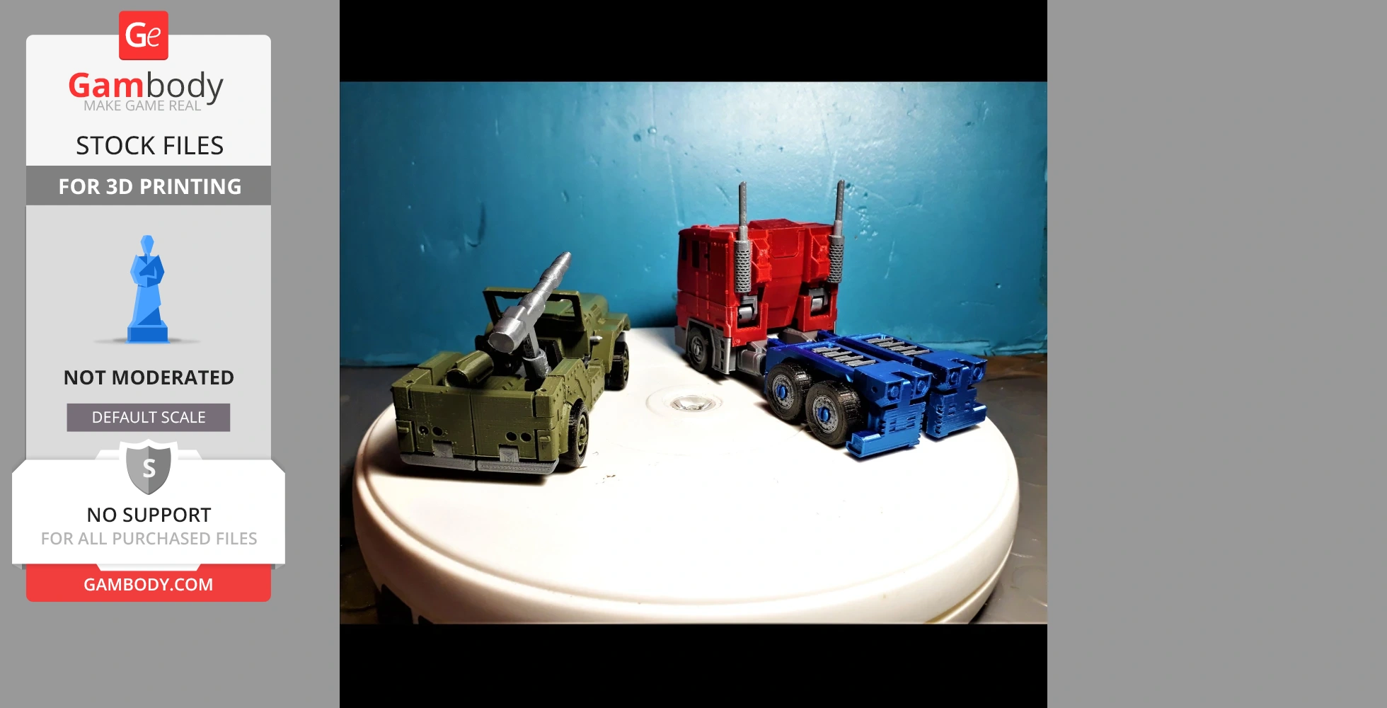 Two toy vehicles: a green jeep with a mounted cannon and a red-blue truck, displayed on a white surface.