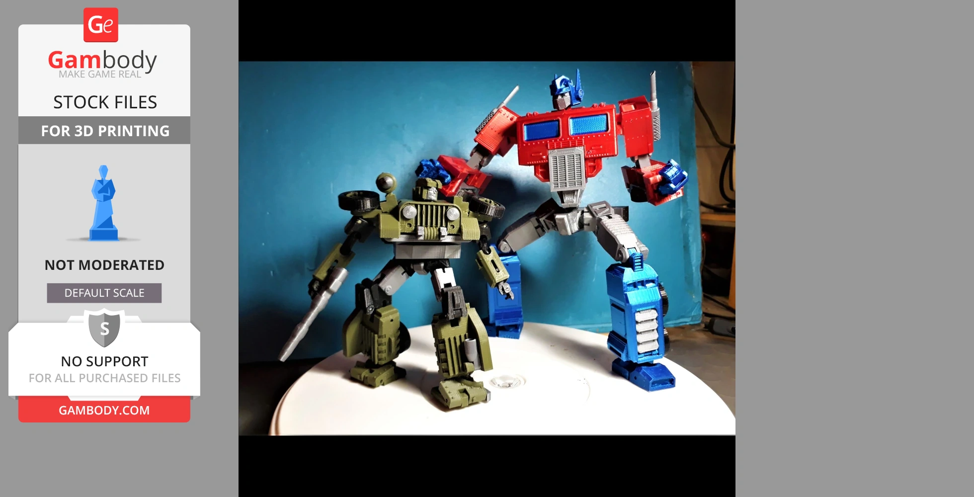 Two 3D-printed Transformers models: a green and a red-blue robot on a white surface.