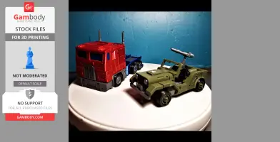 Two 3D-printed Transformers: a green military jeep and a red semi-truck on a display platform.