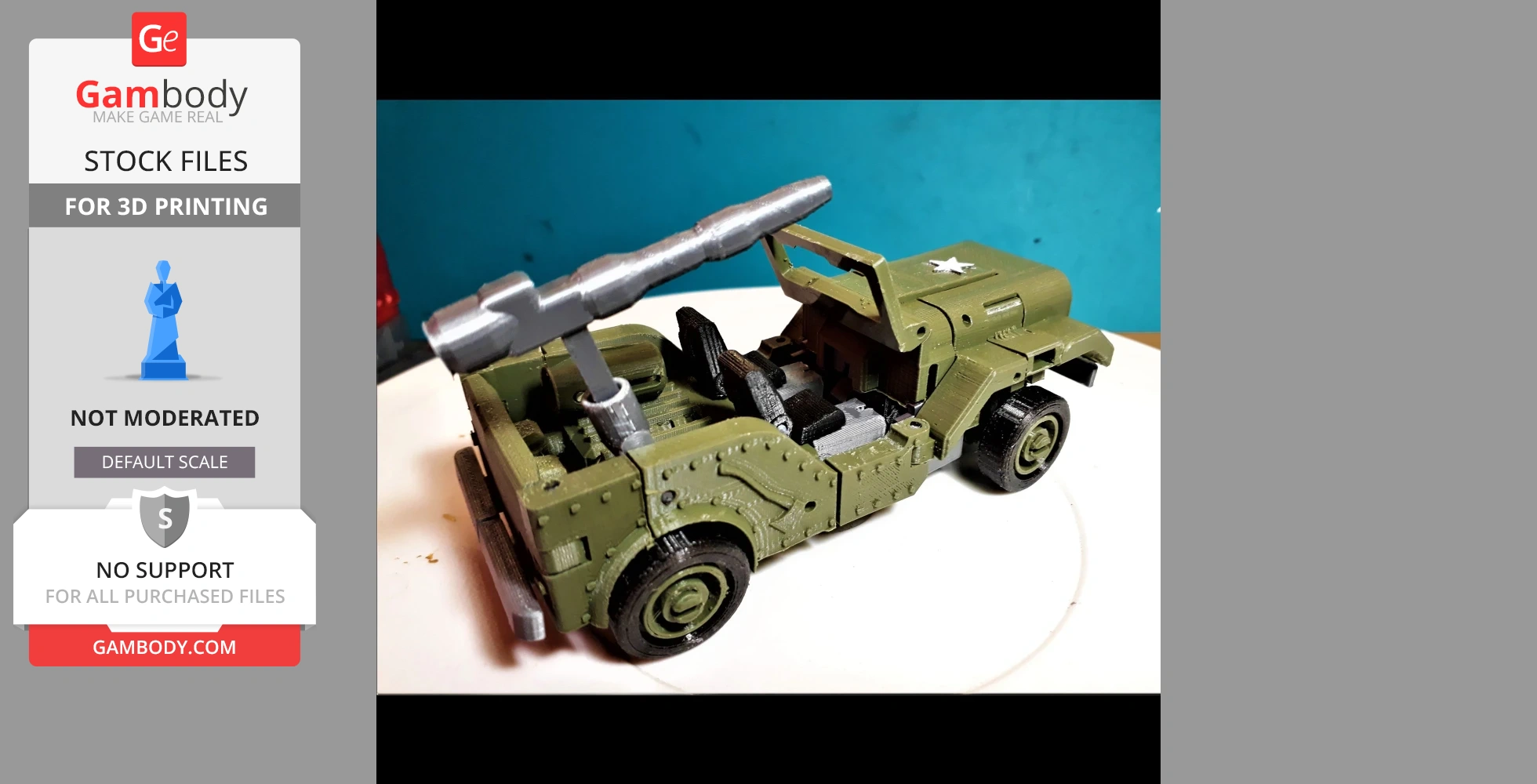 A 3D-printed military-style green jeep model with a mounted turret and open top.