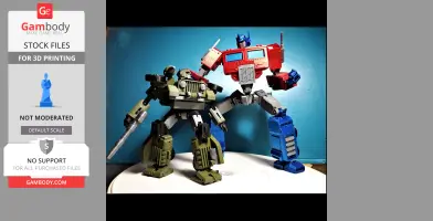Two 3D-printed Transformers models in dynamic poses against a blue background.