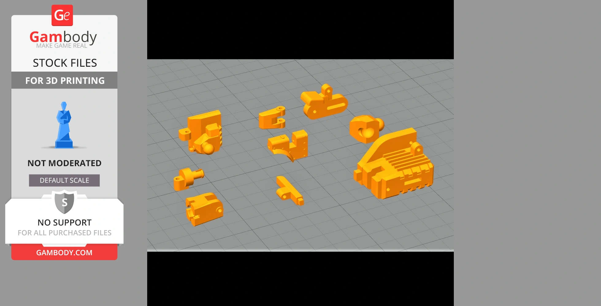 Yellow 3D-printed parts on a grid, part of a model kit for Transformers Hound from Gambody.