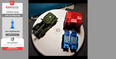Three 3D-printed toy vehicles: green military, red truck, and blue tanks on a circular platform.