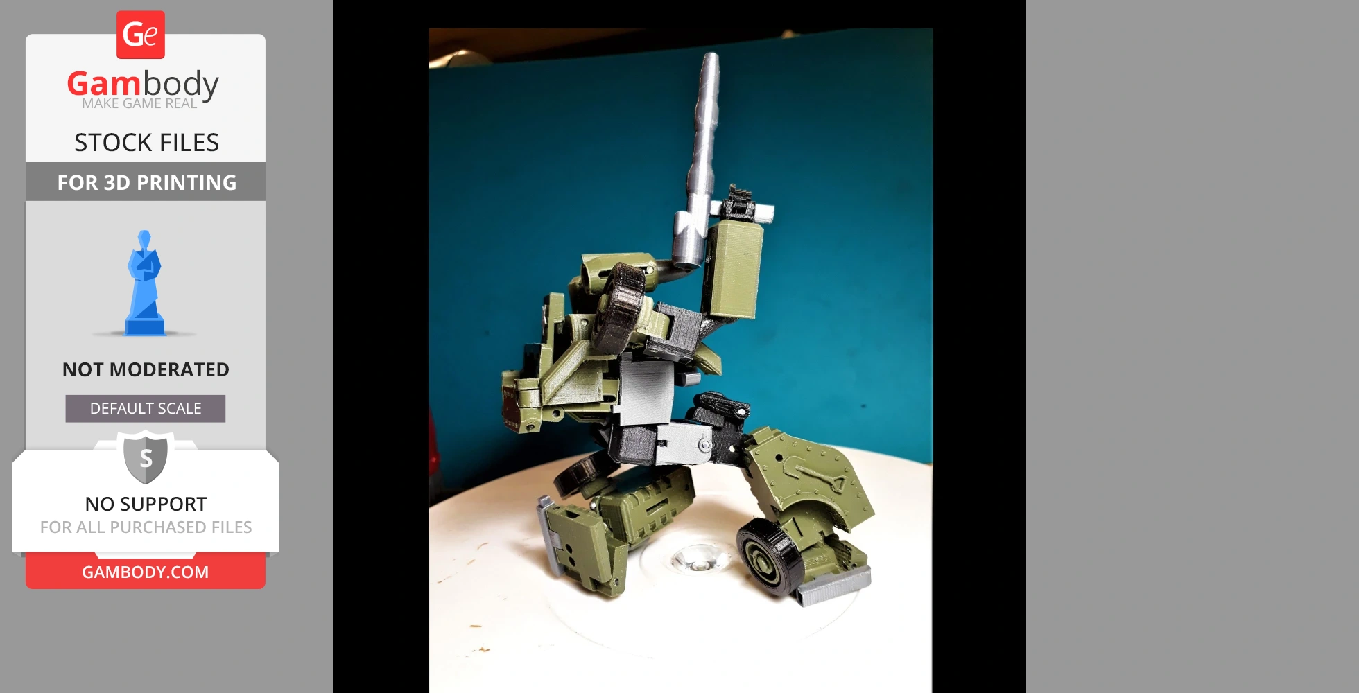 A detailed 3D model of a green and gray robot with wheels and a cannon, posed dynamically.