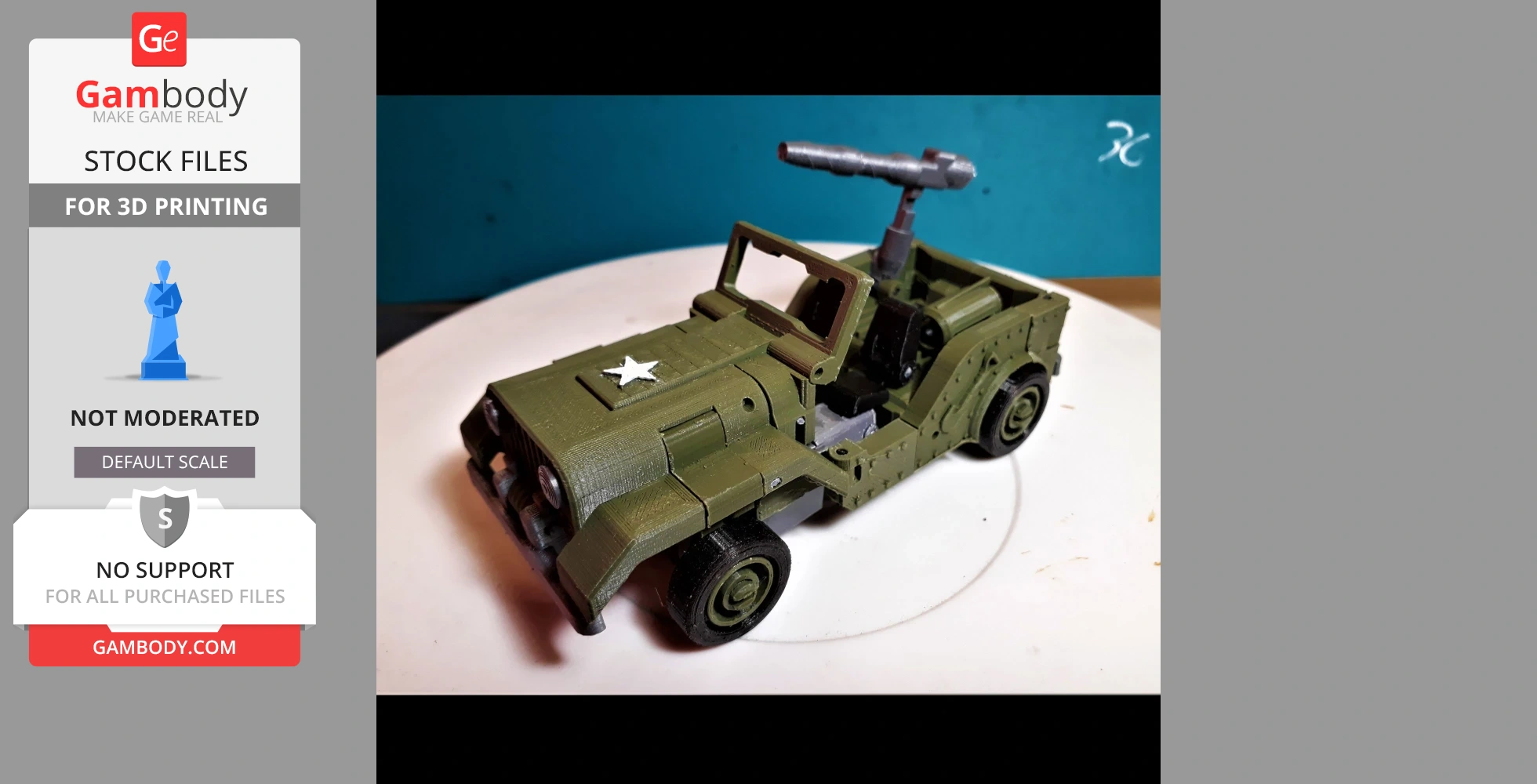 A 3D-printed green military jeep model with a white star, featuring a mounted cannon.