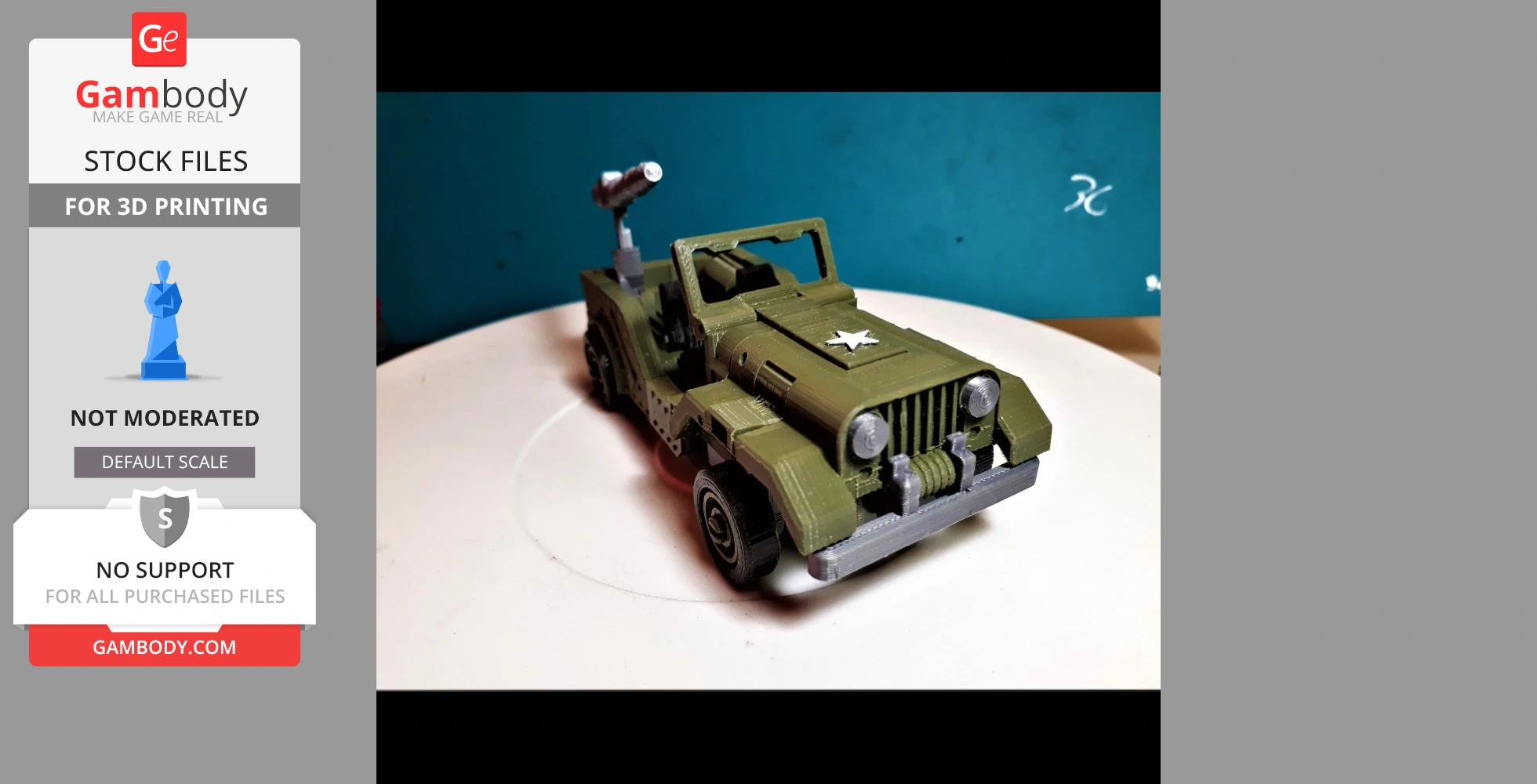 A 3D printed model of a green military-style jeep with a white star on the hood.