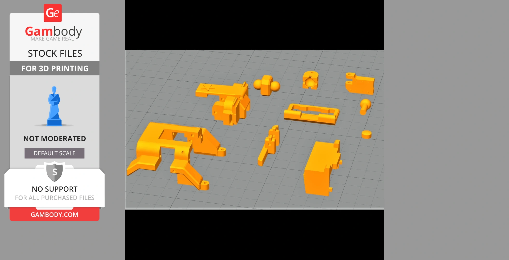 Orange 3D model pieces of a Transformer, arranged on a grid for printing, displayed on Gambody.