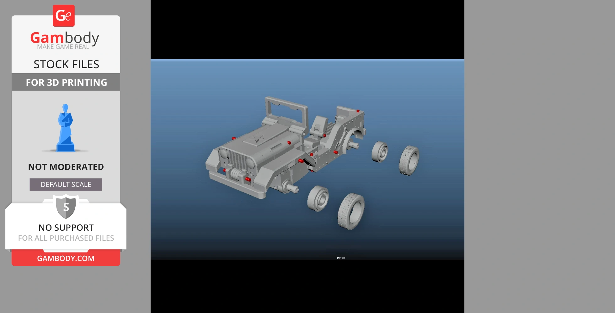 Exploded view of a detailed jeep model for 3D printing, showing chassis and wheels separately.