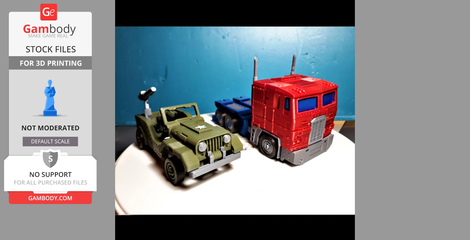 A 3D-printed model of a green military jeep and a red semi-truck on a white surface.