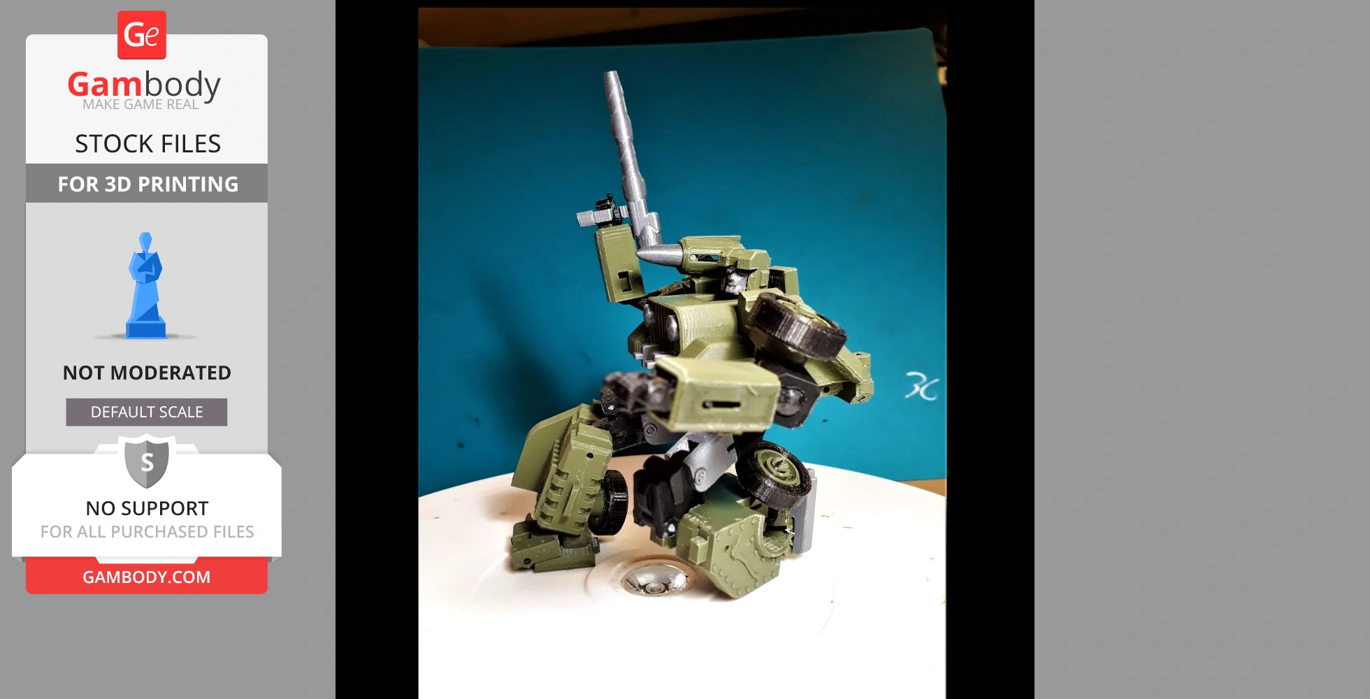A green 3D printed model of a robot-like figure with wheels and a mounted cannon.
