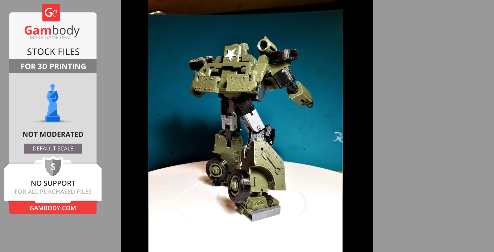 A green 3D-printed Transformer robot model with wheels and mechanical details.