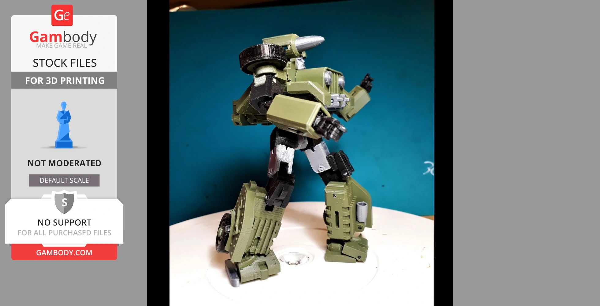 A green and black robot model posed against a blue background, designed for 3D printing.