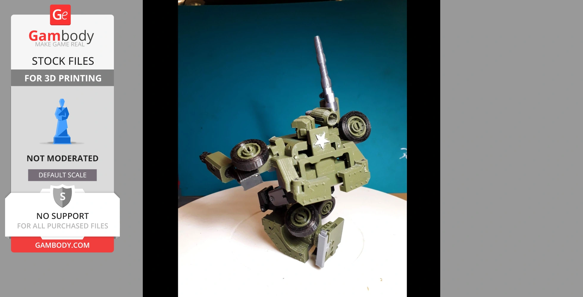 A 3D printed model of a green military robot with wheels and a star emblem, posed dynamically.