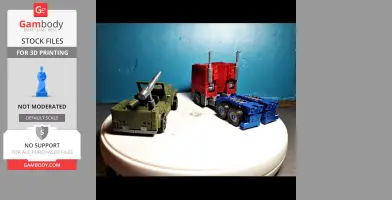Two toy vehicles: a green jeep with a mounted cannon and a red-blue truck, displayed on a white surface.