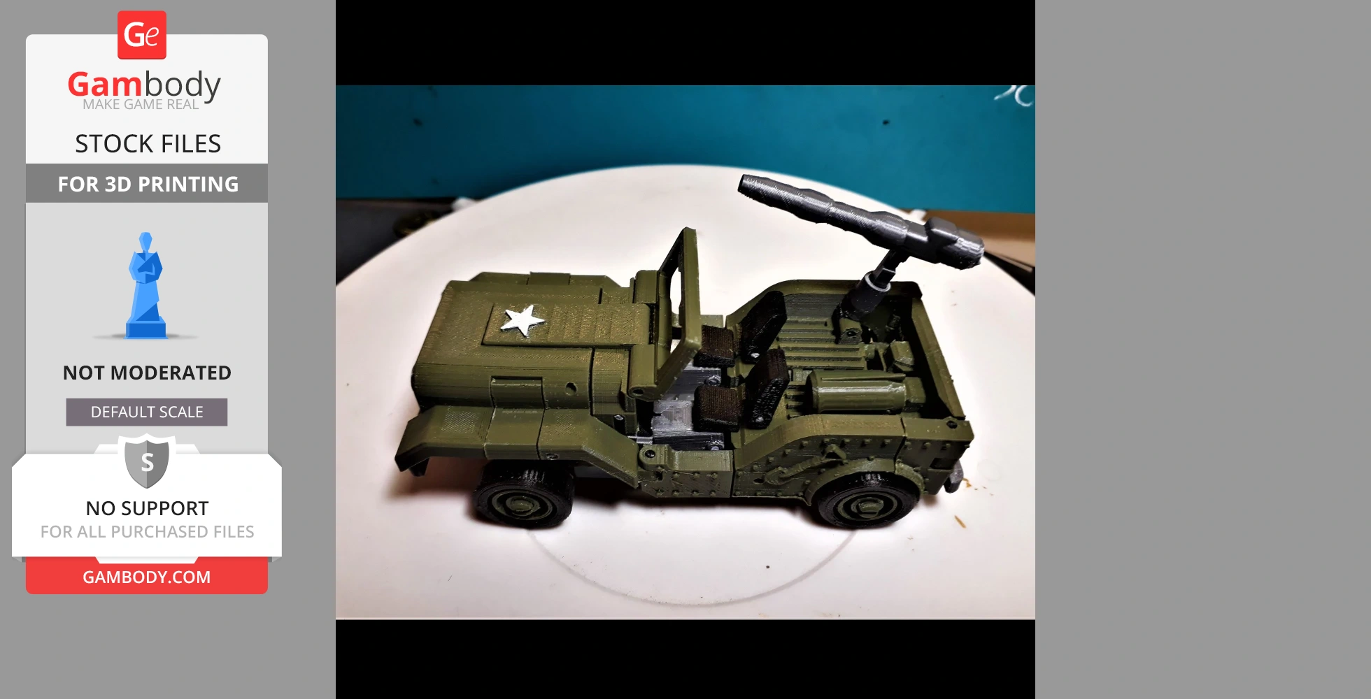 A detailed 3D printed model of a green military jeep with a mounted cannon.