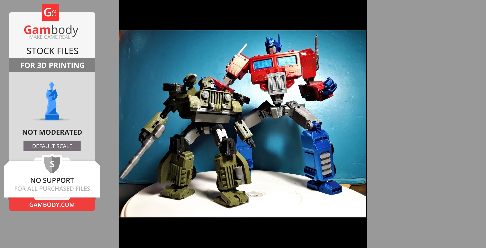 Two 3D-printed Transformers models in dynamic poses against a blue background.