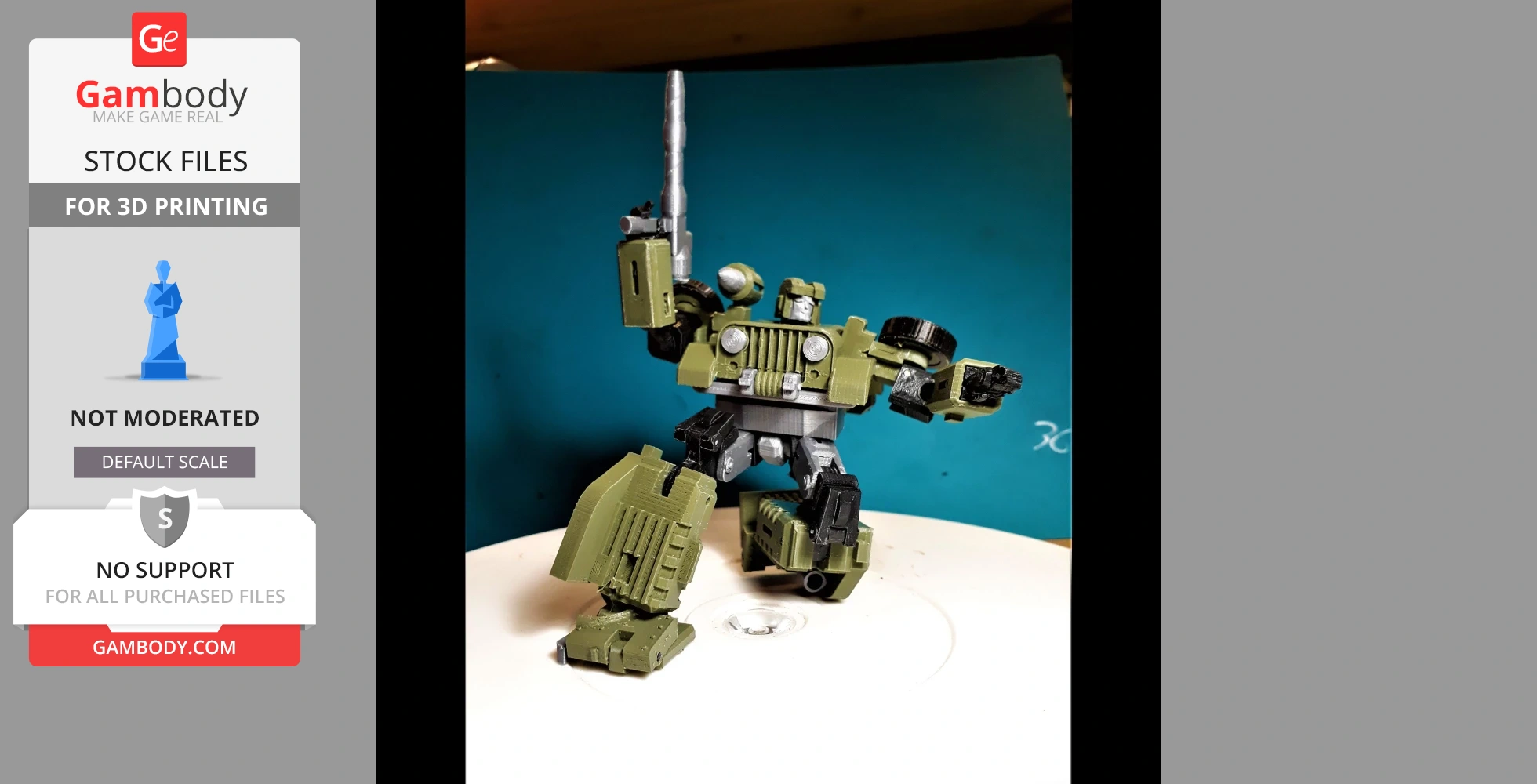 A 3D-printed green and black robot model in a dynamic pose, resembling a Transformer character.