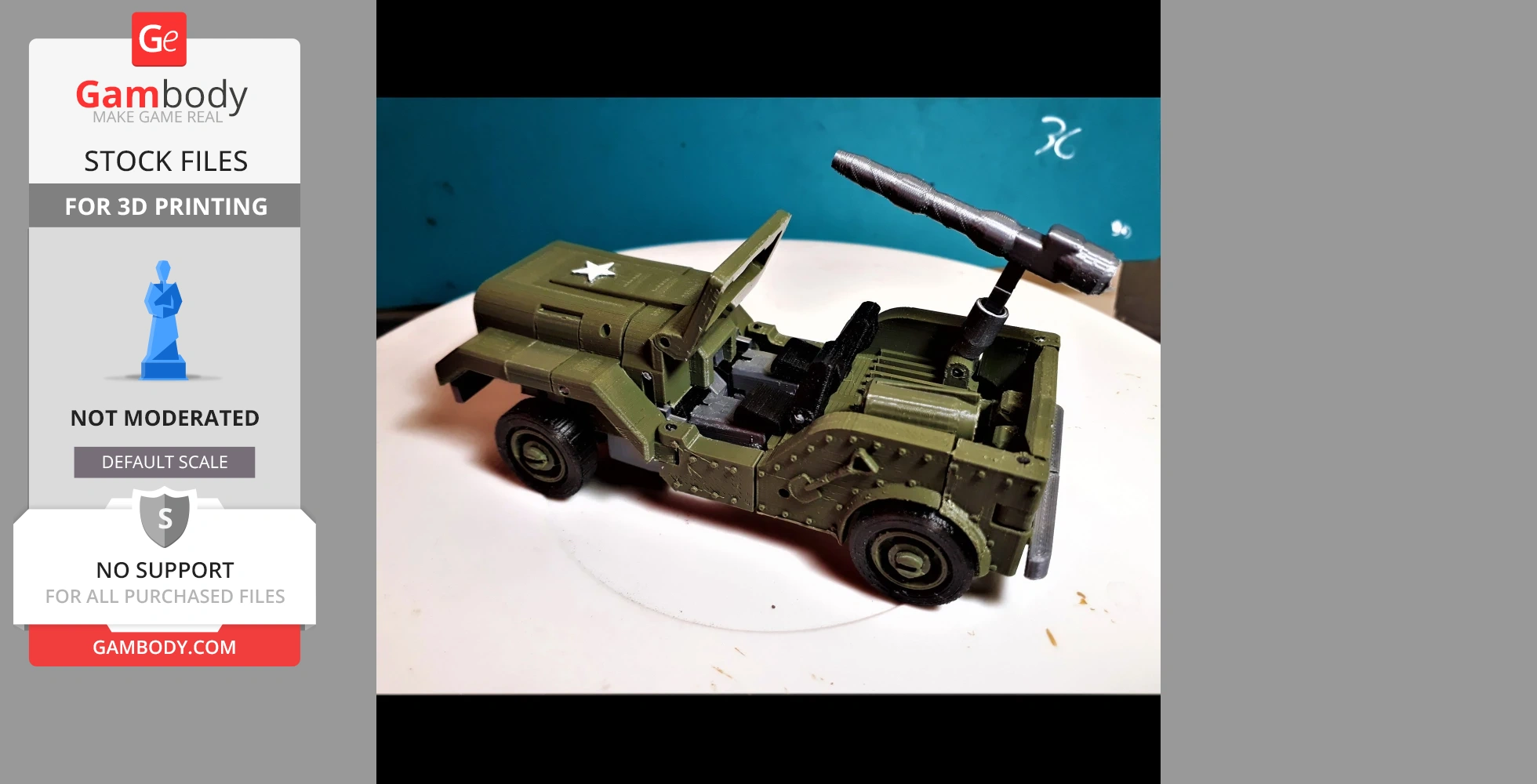 A 3D-printed green military jeep model with a mounted missile on the back.