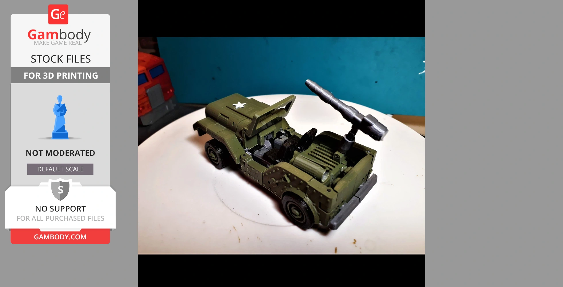 A green military-style Jeep model with a mounted weapon, designed for 3D printing.