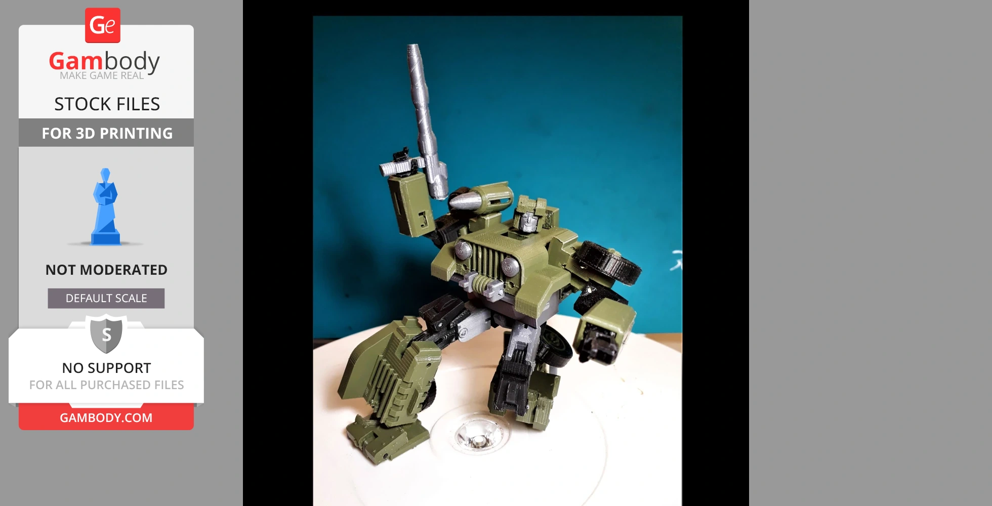 A green, articulated robot resembling a Transformer, on display for 3D printing.