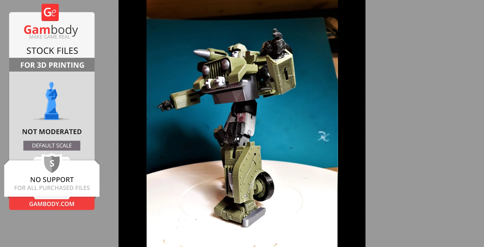 A green and gray 3D-printed robot model posed dynamically, with detailed mechanical features.