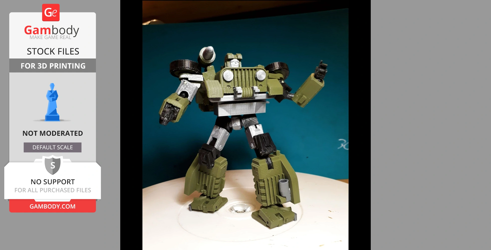 A green and silver 3D-printed robot model, inspired by a Transformers character, displayed on a stand.