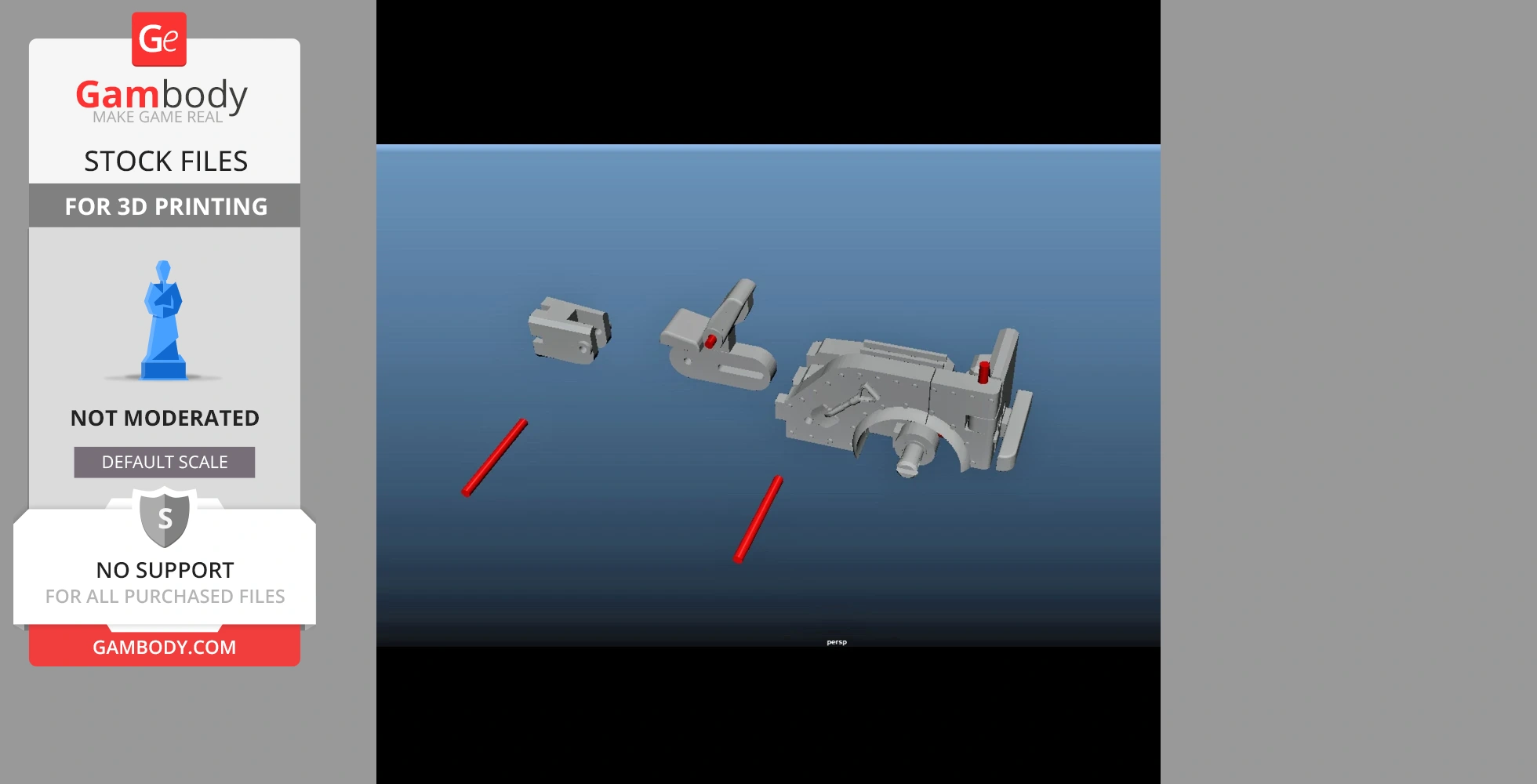 Disassembled 3D model parts of a Transformer, including mechanical components and connectors.