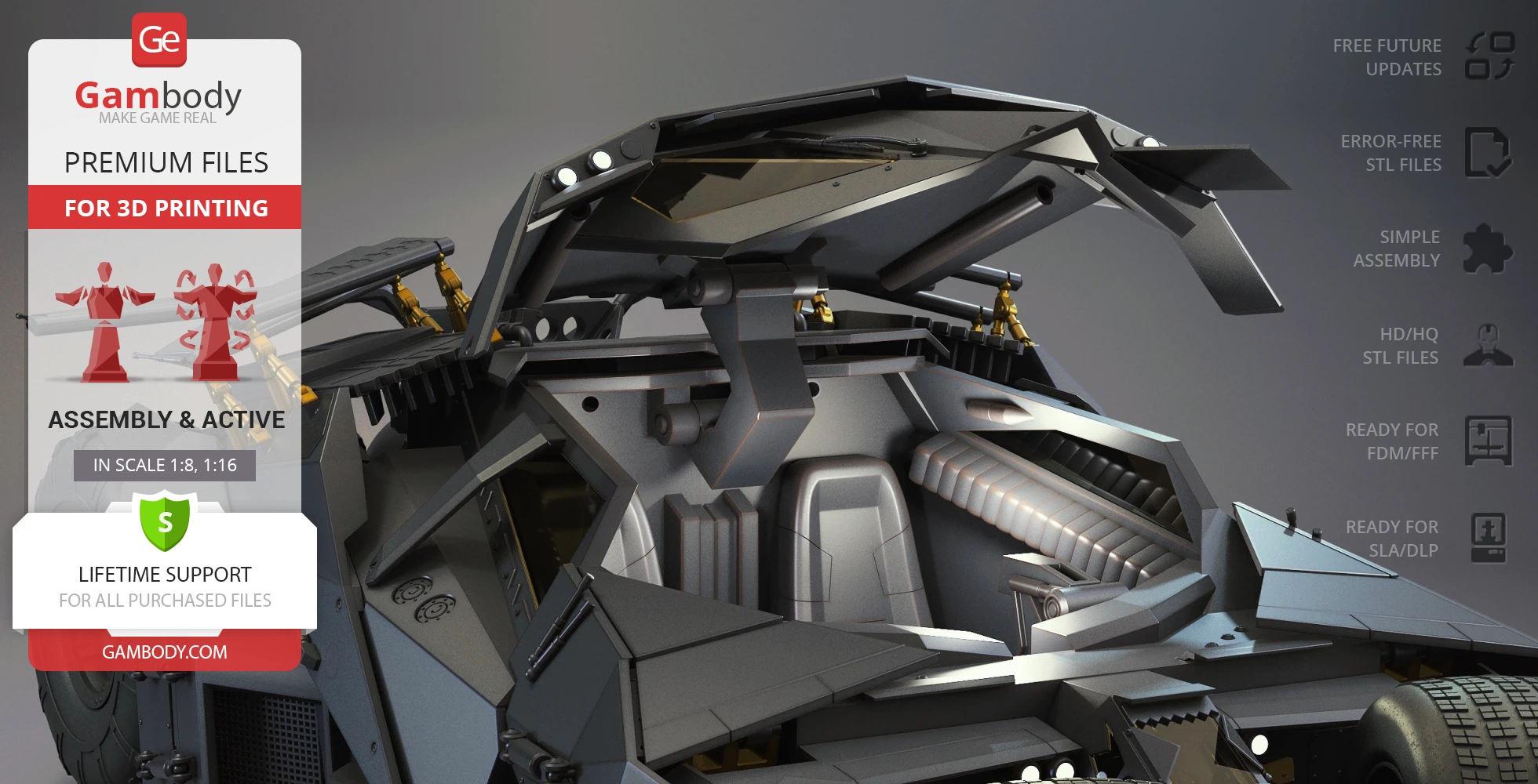 A detailed 3D model of the Tumbler vehicle from The Dark Knight, designed for 3D printing.