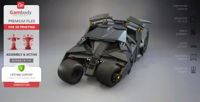 A 3D model of the Tumbler from Dark Knight, showcased as an STL file for printing.