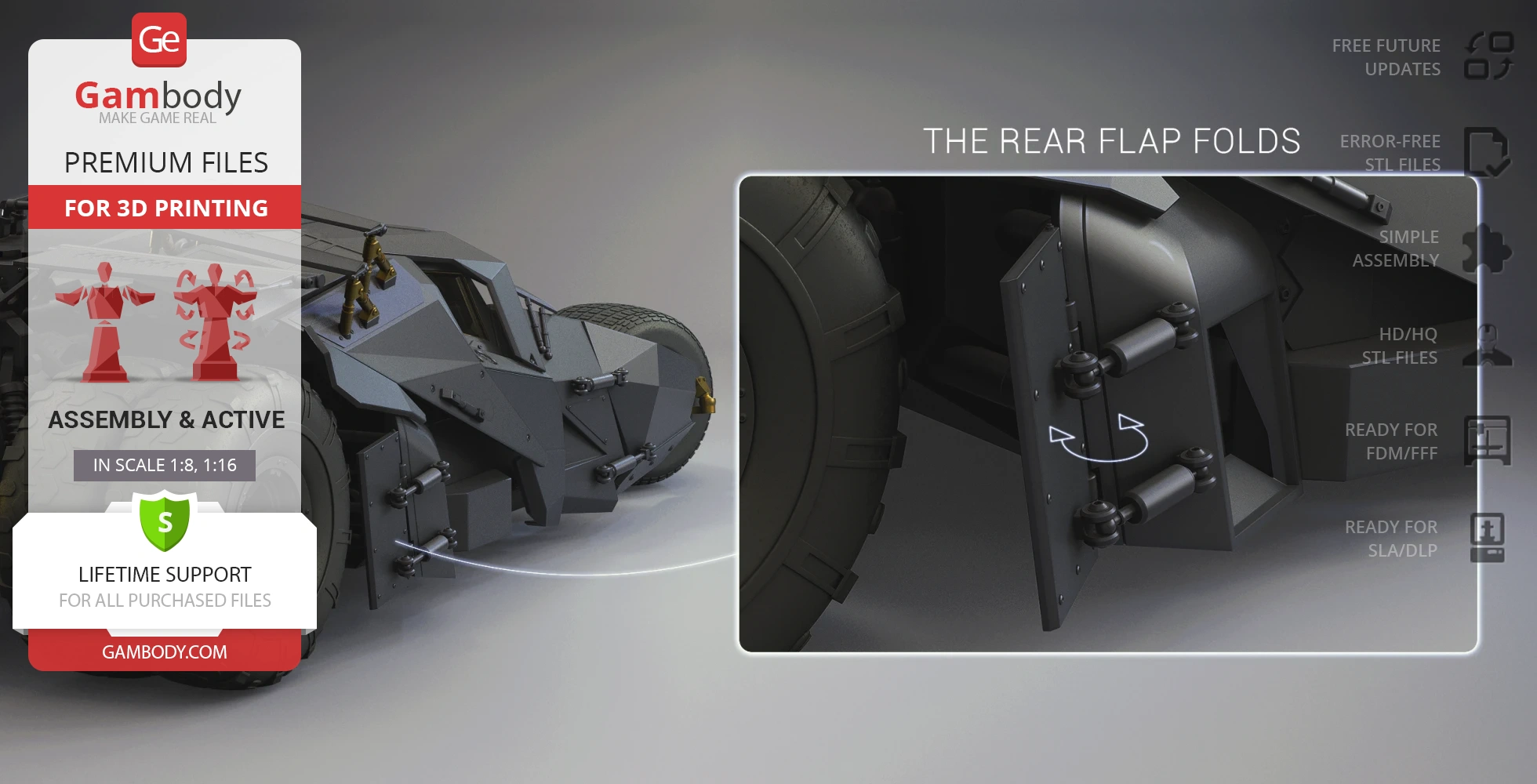 The image shows a detailed 3D model of The Tumbler from Dark Knight for 3D printing, highlighting rear flap mechanism.