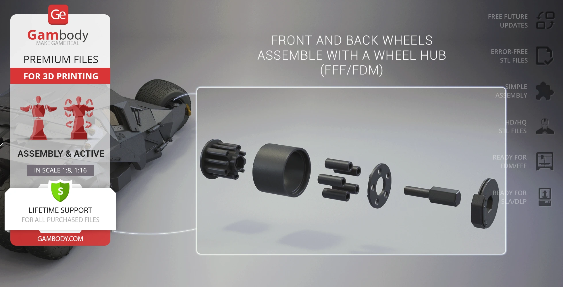 3D model of the Tumbler with wheel assembly parts for FFF/FDM printing, featuring lifetime support.