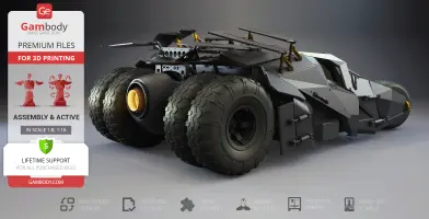 A detailed 3D model of the Tumbler vehicle from The Dark Knight, designed for 3D printing.