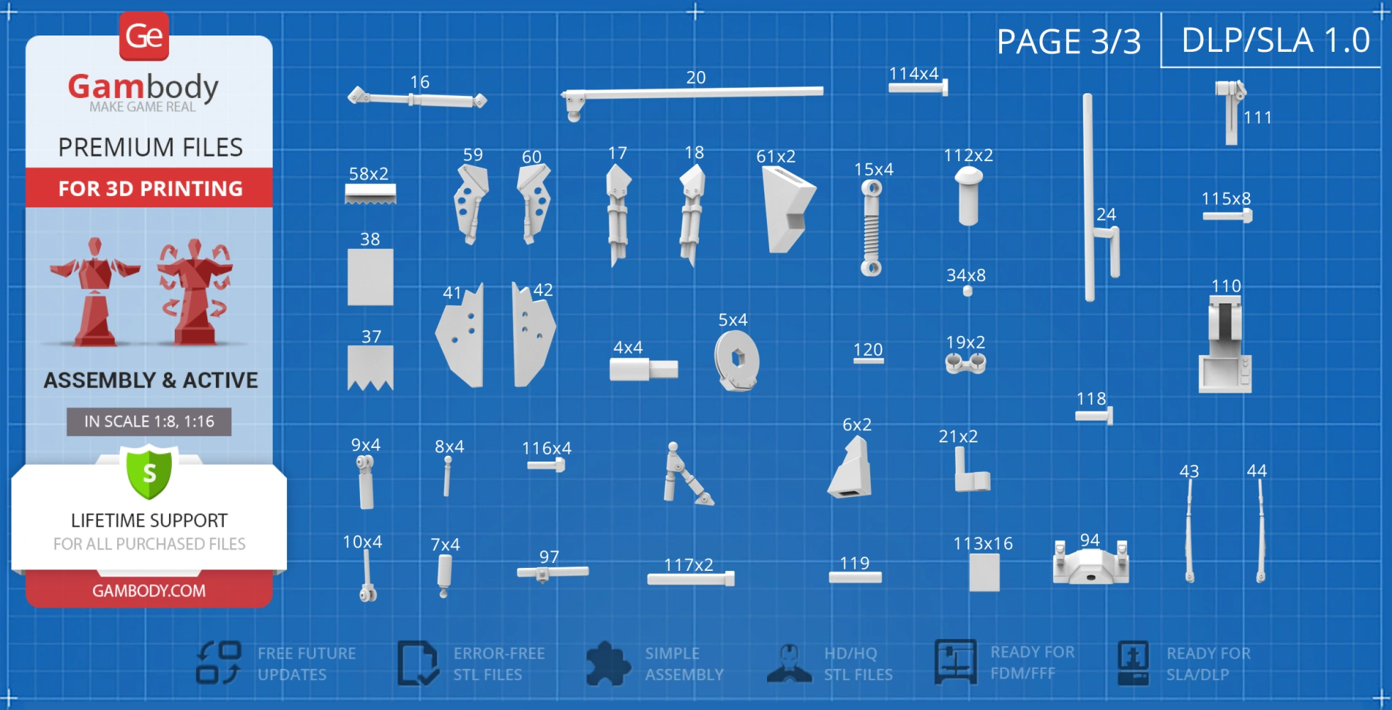 Blueprint-style layout showing 'The Tumbler' 3D printing parts, labeled for assembly.