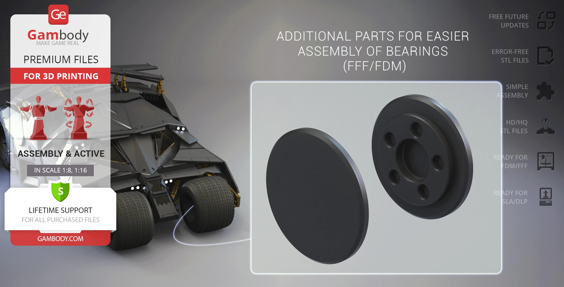 A 3D model of the Tumbler vehicle from the Dark Knight series, with parts for bearing assembly.