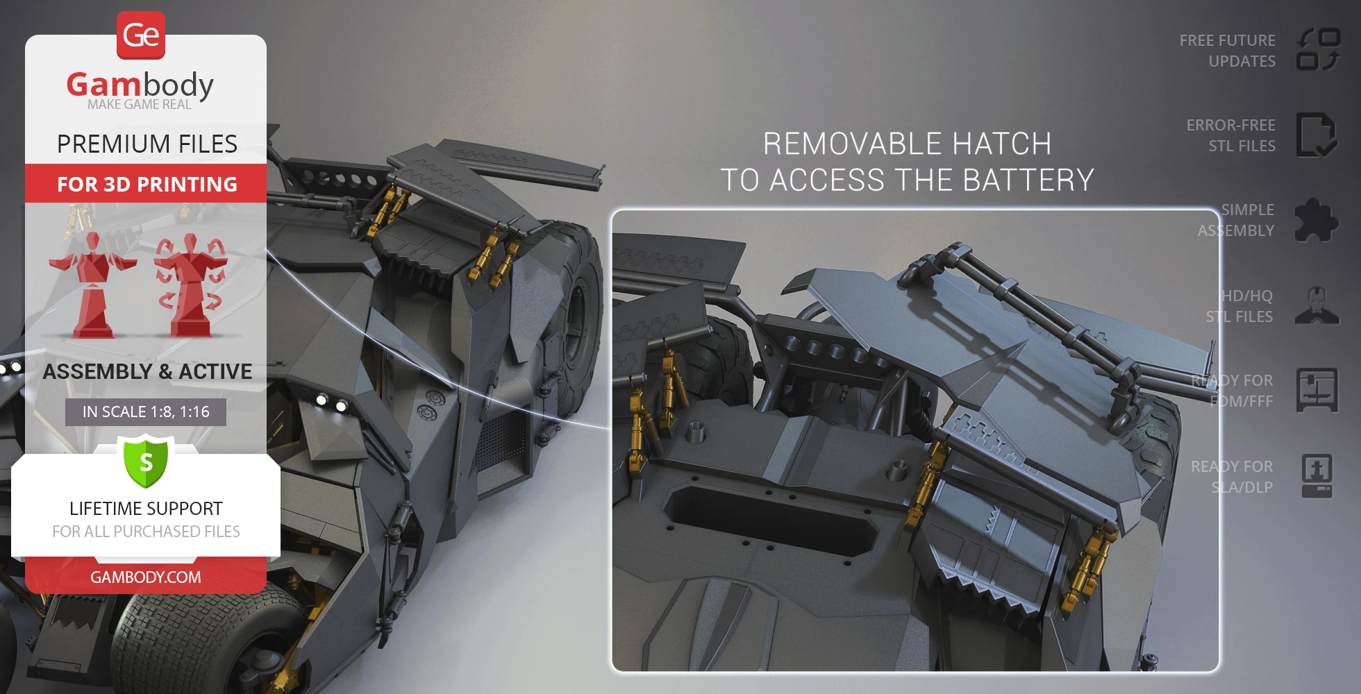 A detailed 3D model of the Tumbler from Dark Knight with a removable hatch, ready for 3D printing.
