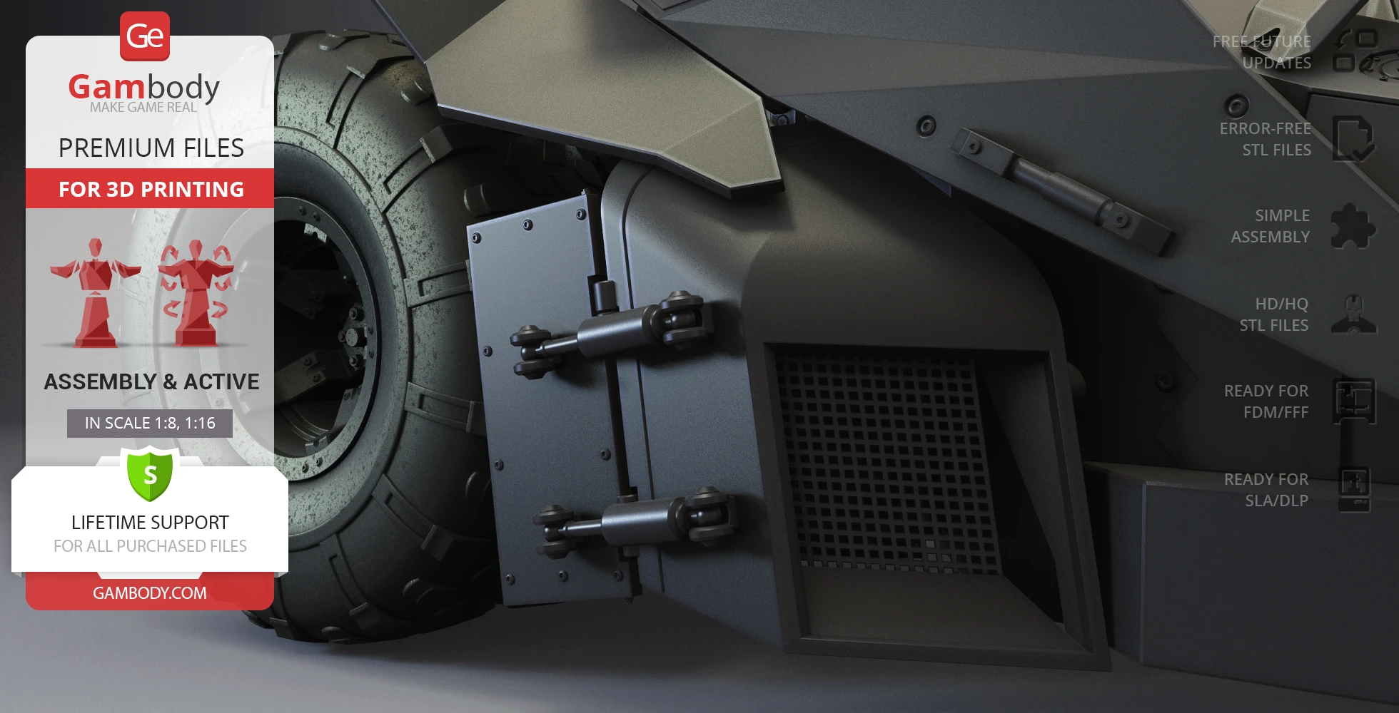 Close-up of The Tumbler wheel and side detail, promoting 3D print files from Gambody, featuring premium quality.