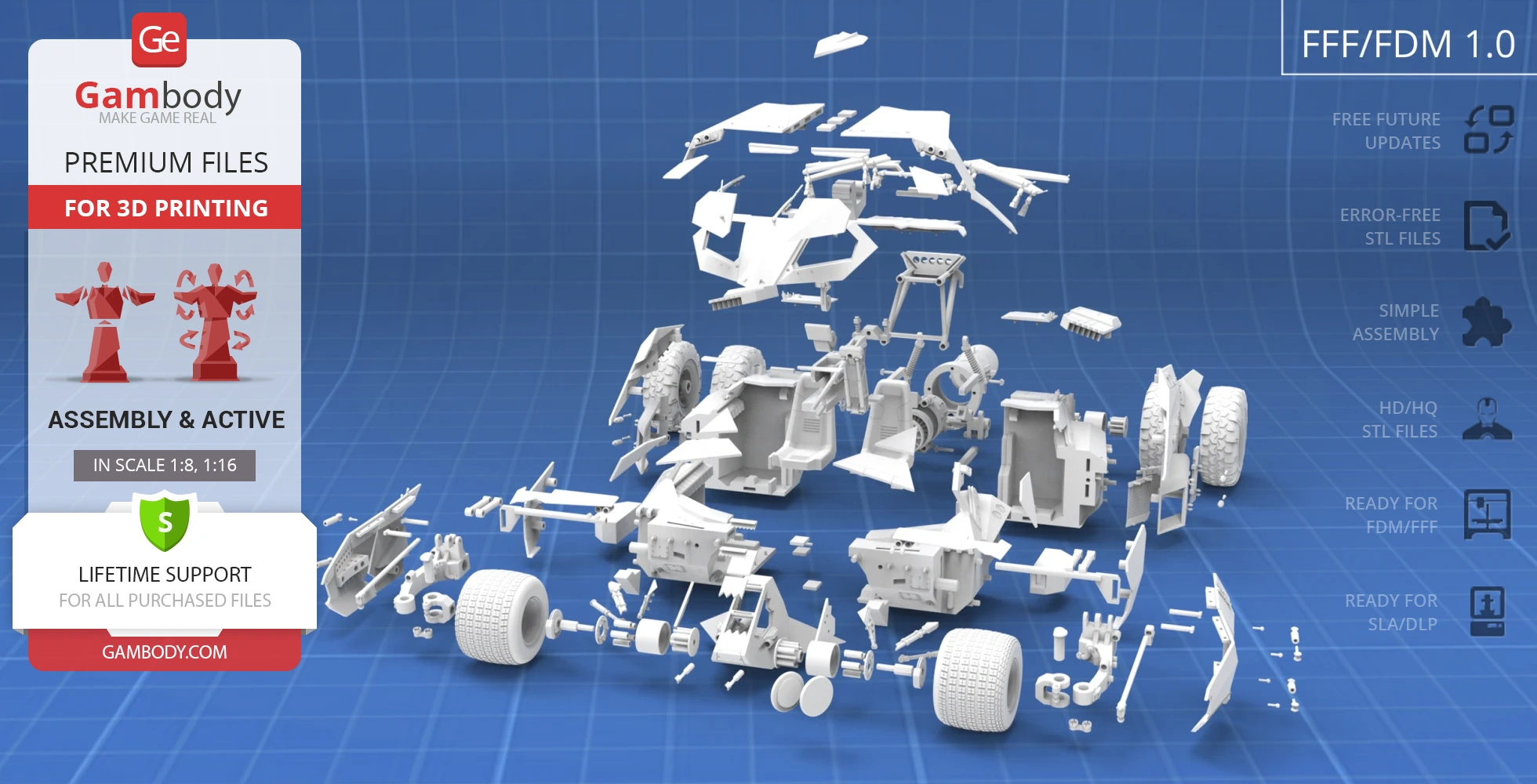 Exploded view of 3D-printed Tumbler from Dark Knight, showing various parts for assembly.