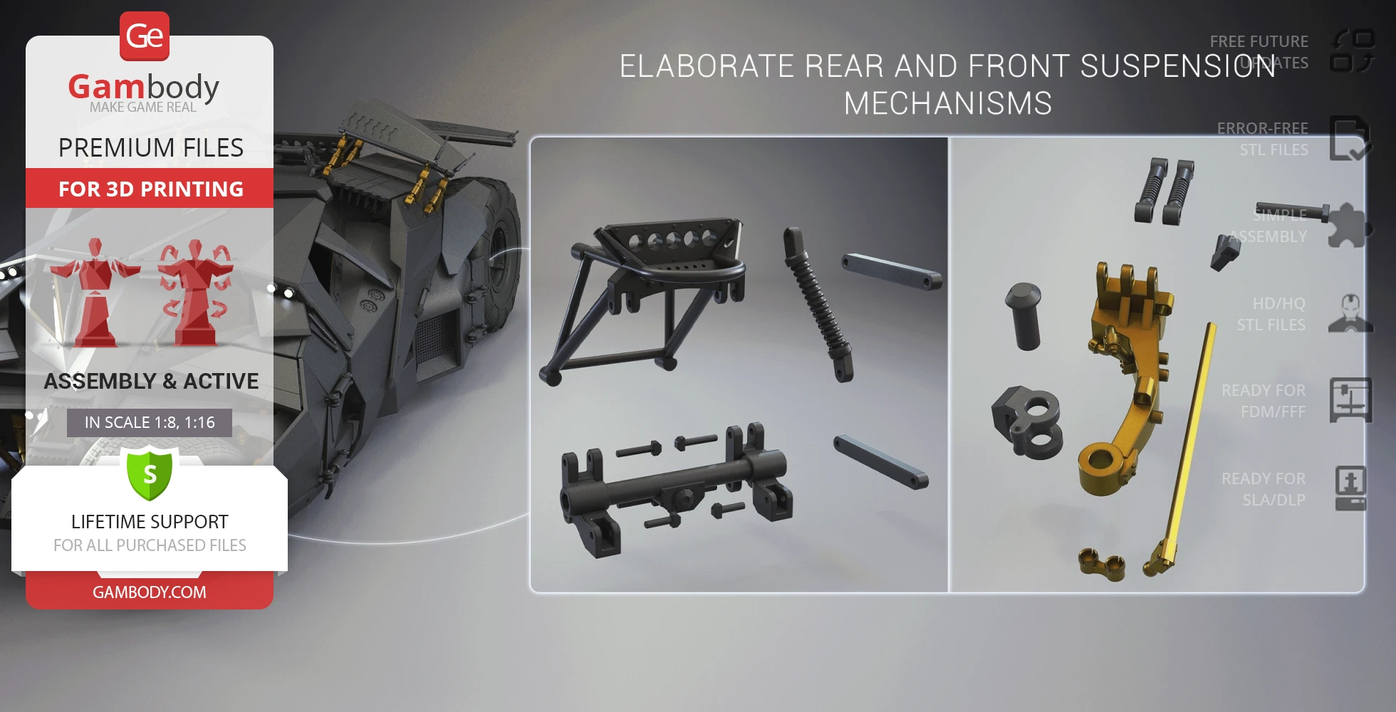 3D model parts for Tumbler vehicle from Dark Knight, including detailed suspension components.