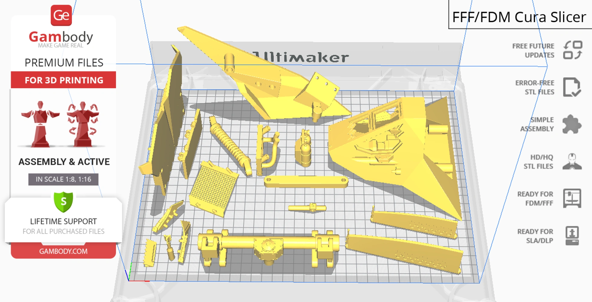Layout of 'The Tumbler' 3D model parts for printing on a grid platform in Cura slicer.