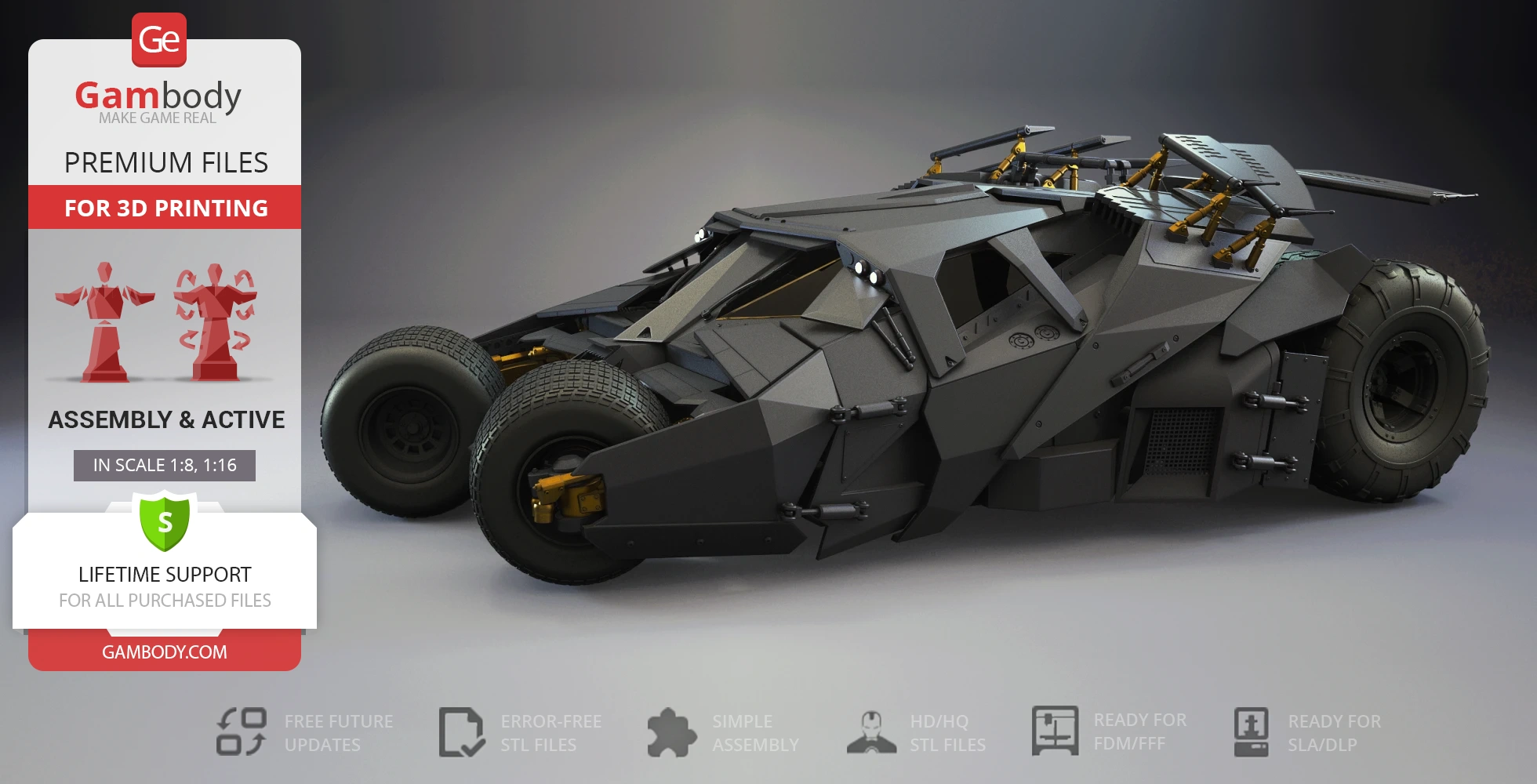 A detailed 3D model of the Tumbler vehicle from the Dark Knight series ready for 3D printing.