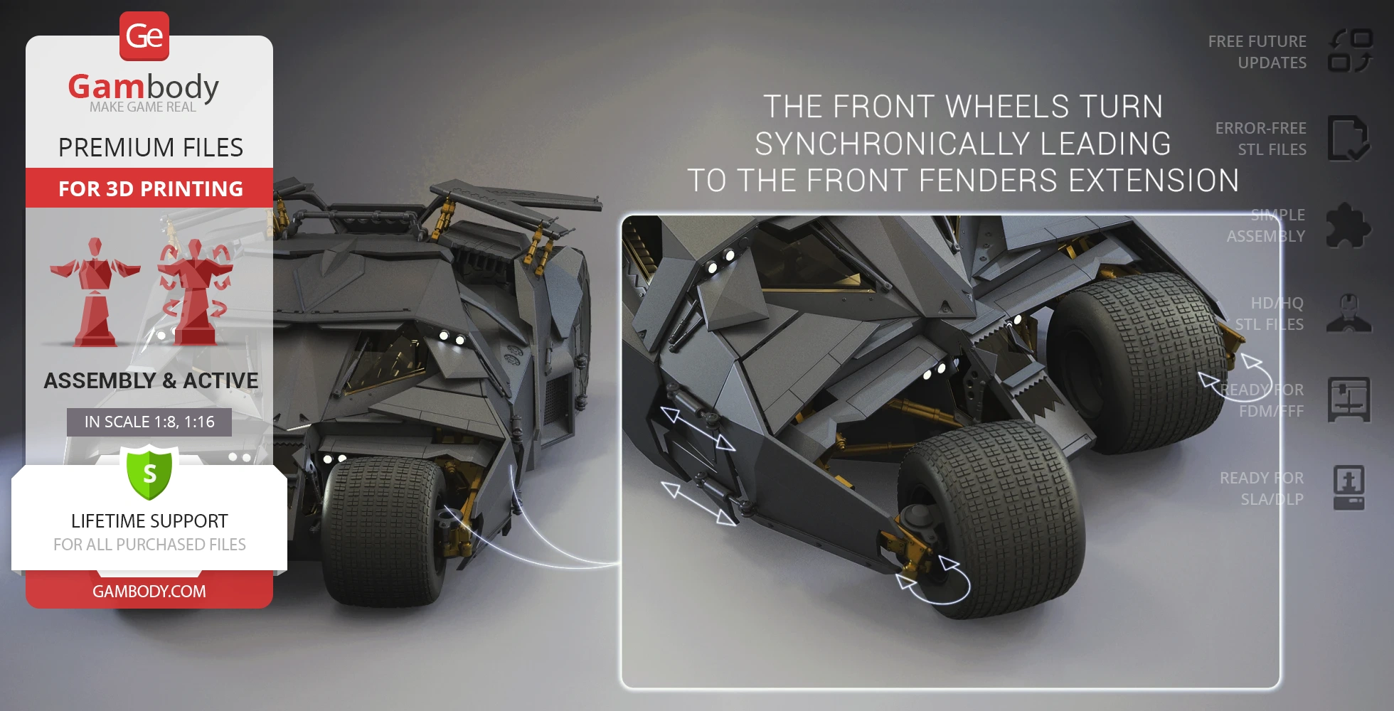3D model of the Tumbler from Batman. Detailed front view showing wheels and fenders for printing.