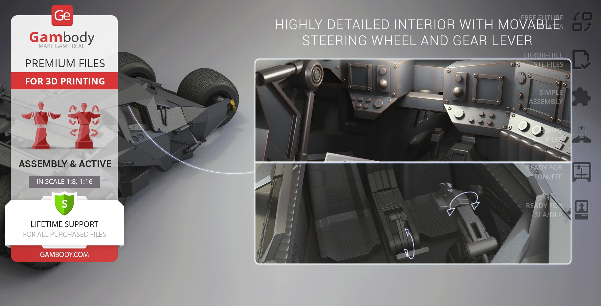 3D model of the Tumbler vehicle interior from Dark Knight, featuring movable steering and gear lever.