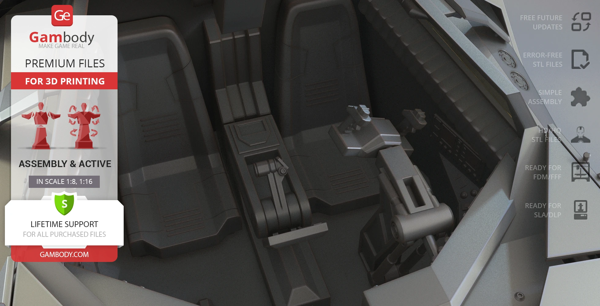 A 3D model of the Tumbler cockpit from Dark Knight, shown as a detailed STL file for printing.
