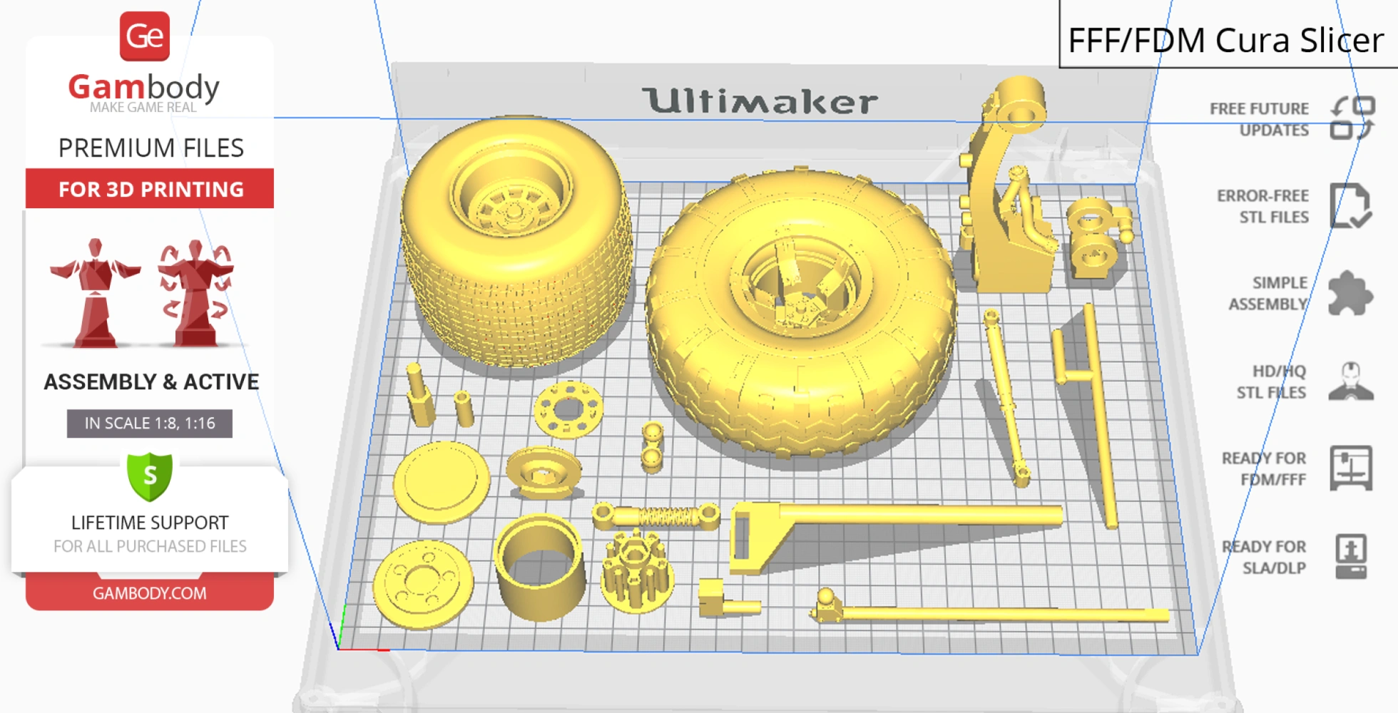 3D printing model parts for the Tumbler vehicle from Dark Knight, displayed in a Cura slicer software.