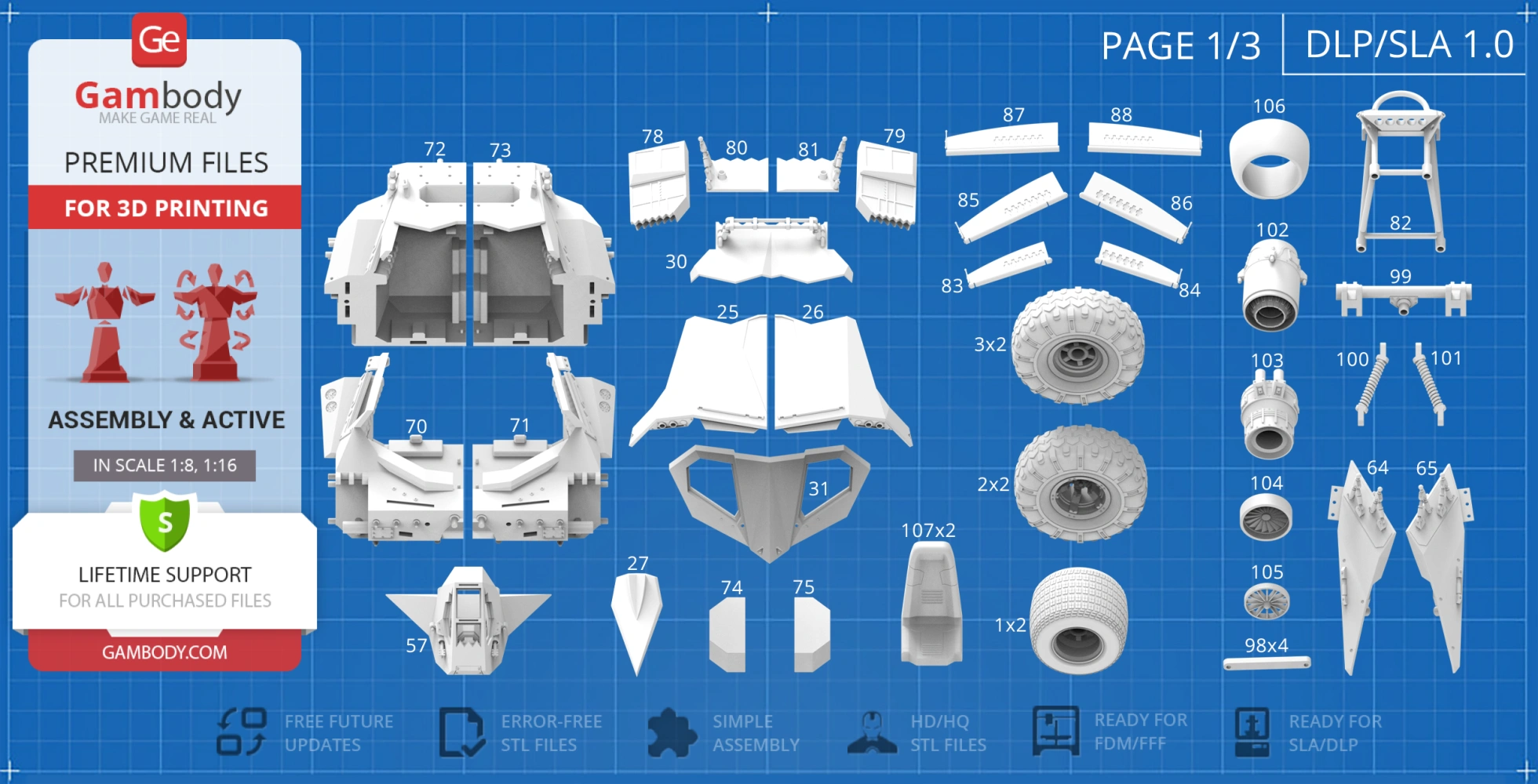 3D printing layout for Dark Knight's Tumbler car, featuring various parts and assembly instructions.