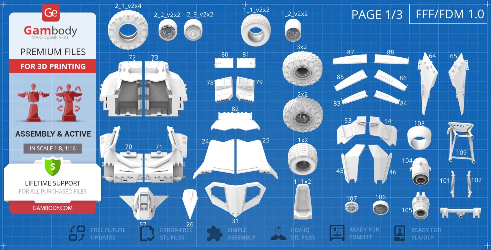 Blueprint layout of 3D printable parts for the Tumbler vehicle from Dark Knight, organized on a grid.
