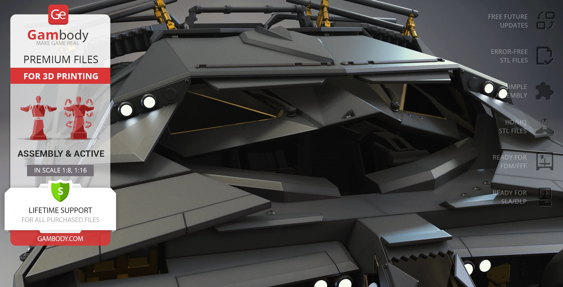 Futuristic armored vehicle model from Dark Knight, designed for detailed 3D printing assembly.