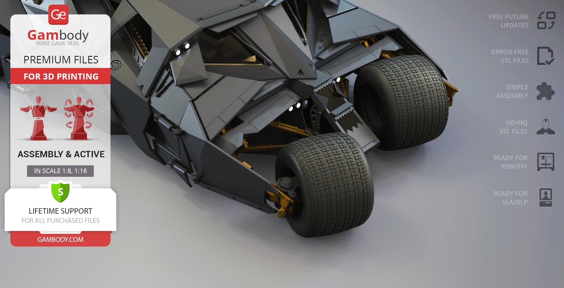 Angular and armored Batmobile-like vehicle with large tires, ready for 3D printing from Gambody.