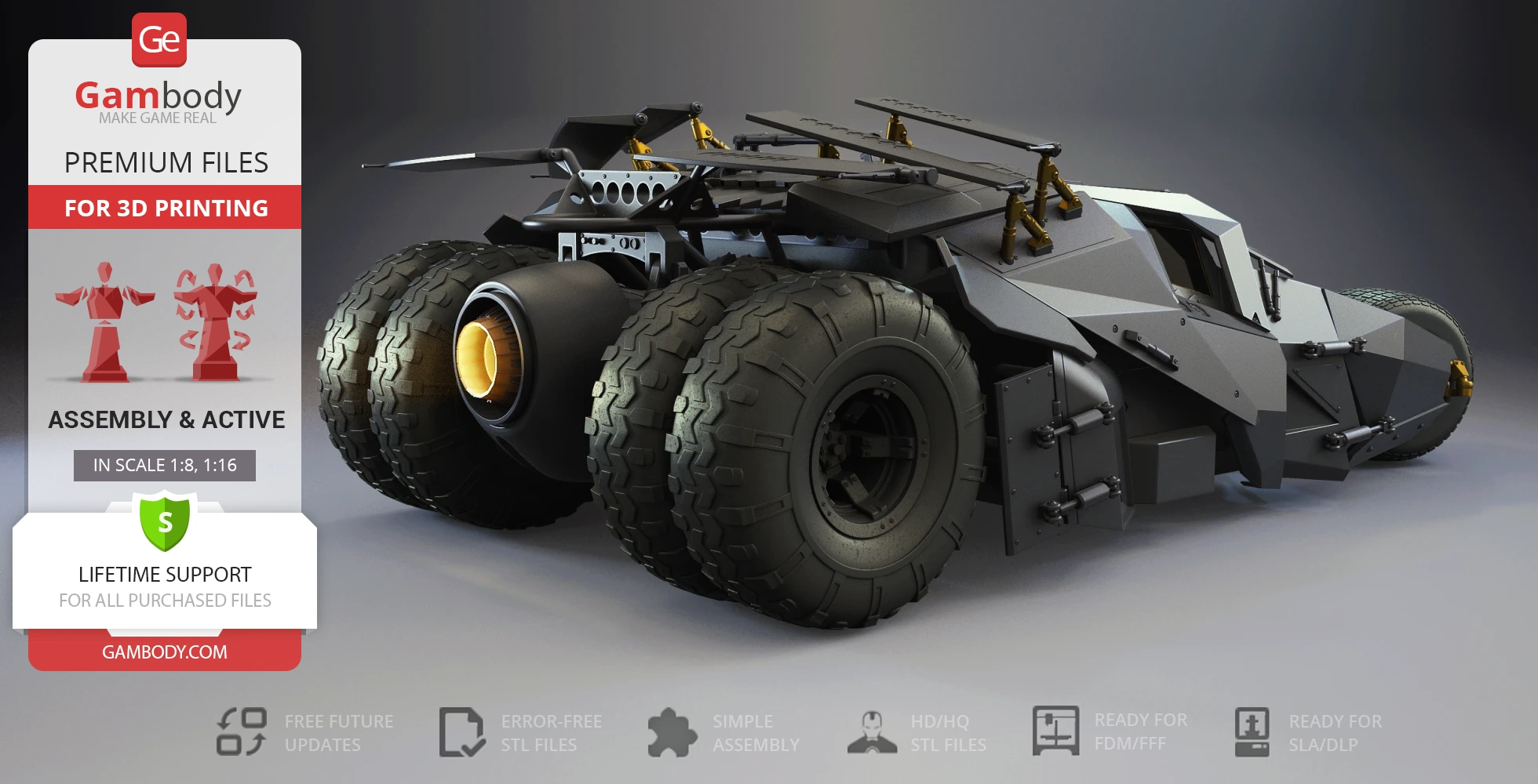 A detailed 3D model of the Tumbler vehicle from The Dark Knight, designed for 3D printing.